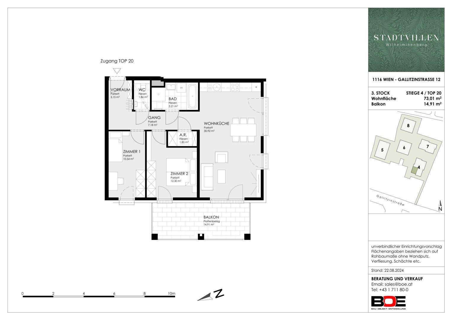 Grundriss einer Wohnung mit zwei Zimmern, Wohnküche, Bad, WC und Balkon.