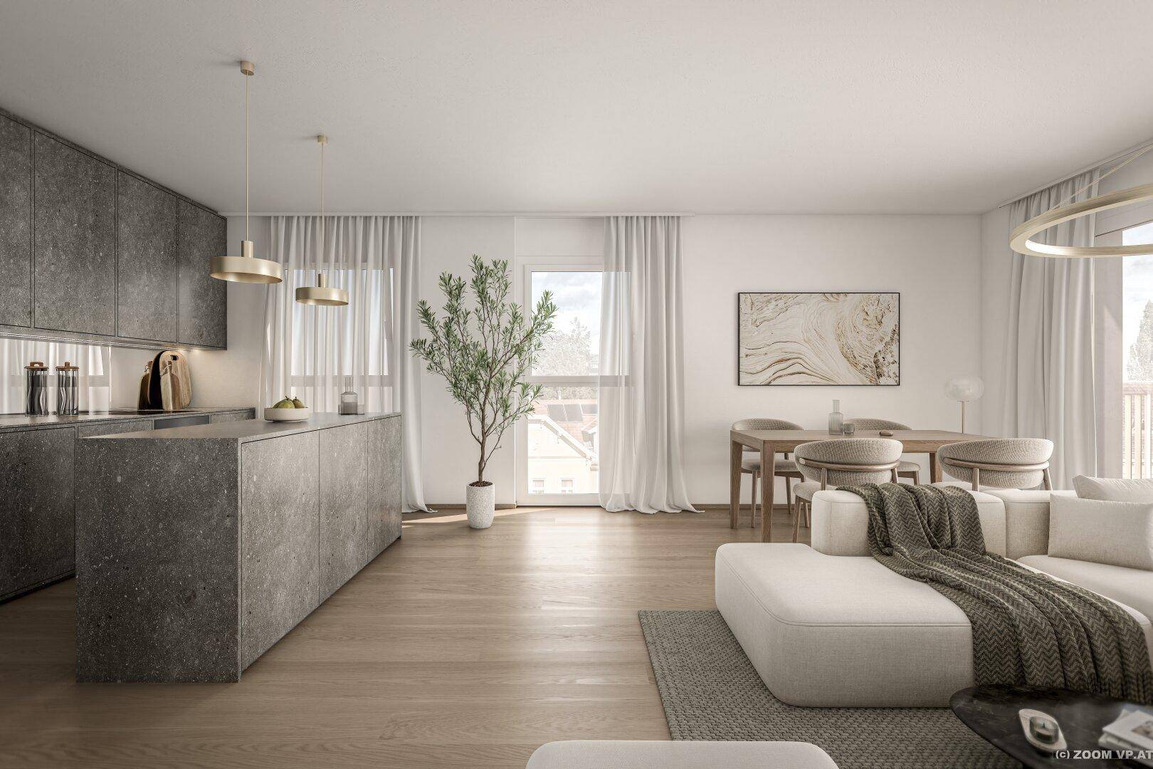 Offener Wohn-Essbereich mit moderner grauer Küche, Holzboden und Zugang zum Balkon.