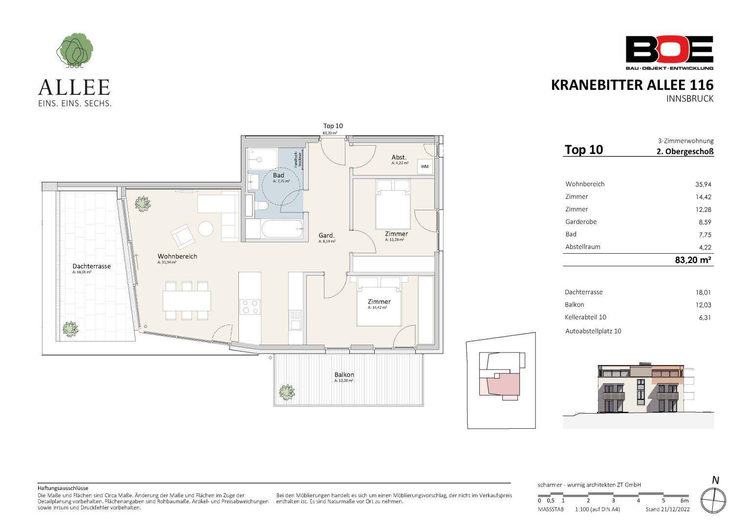 Detaillierter Grundriss einer 3-Zimmer-Wohnung im zweiten Obergeschoss mit Dachterrasse und Balkon.