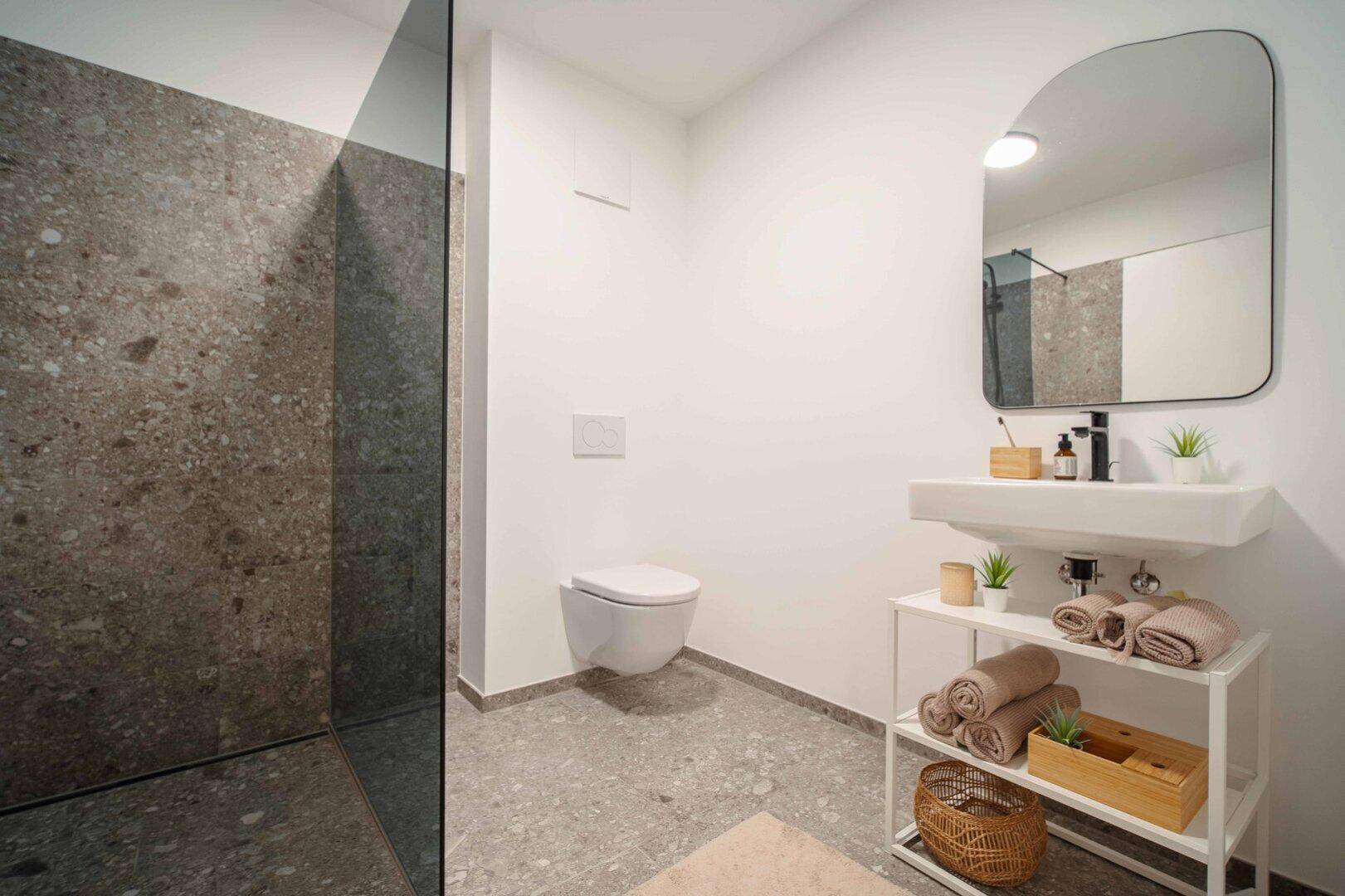 Modernes Badezimmer mit begehbarer Dusche, Wand-WC und stilvollen grauen Fliesen.