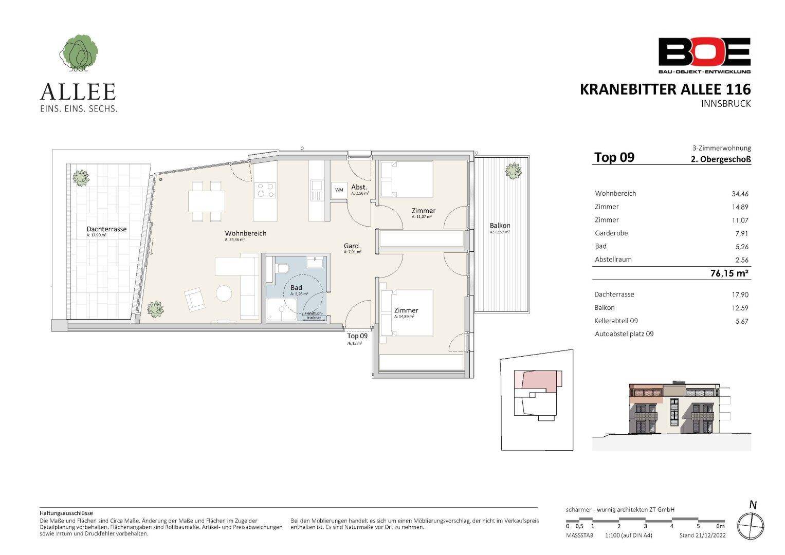 Detaillierter Grundriss der Wohnung Top 09 mit offener Raumaufteilung, Dachterrasse und Balkon.