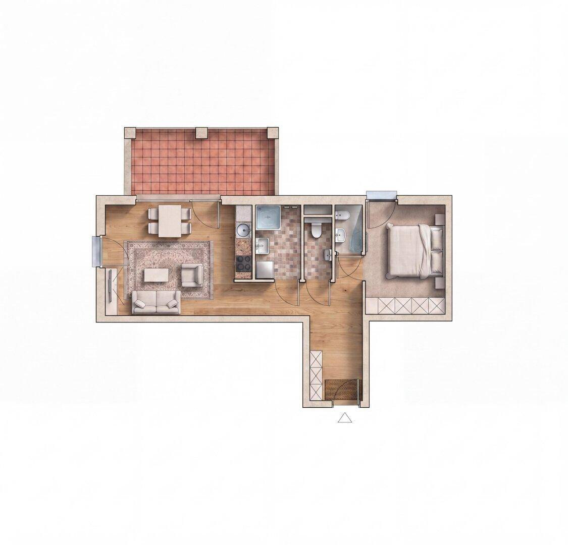 Farbiger Grundriss einer Wohnung mit offenem Wohn-Essbereich, Schlafzimmer und Terrasse.