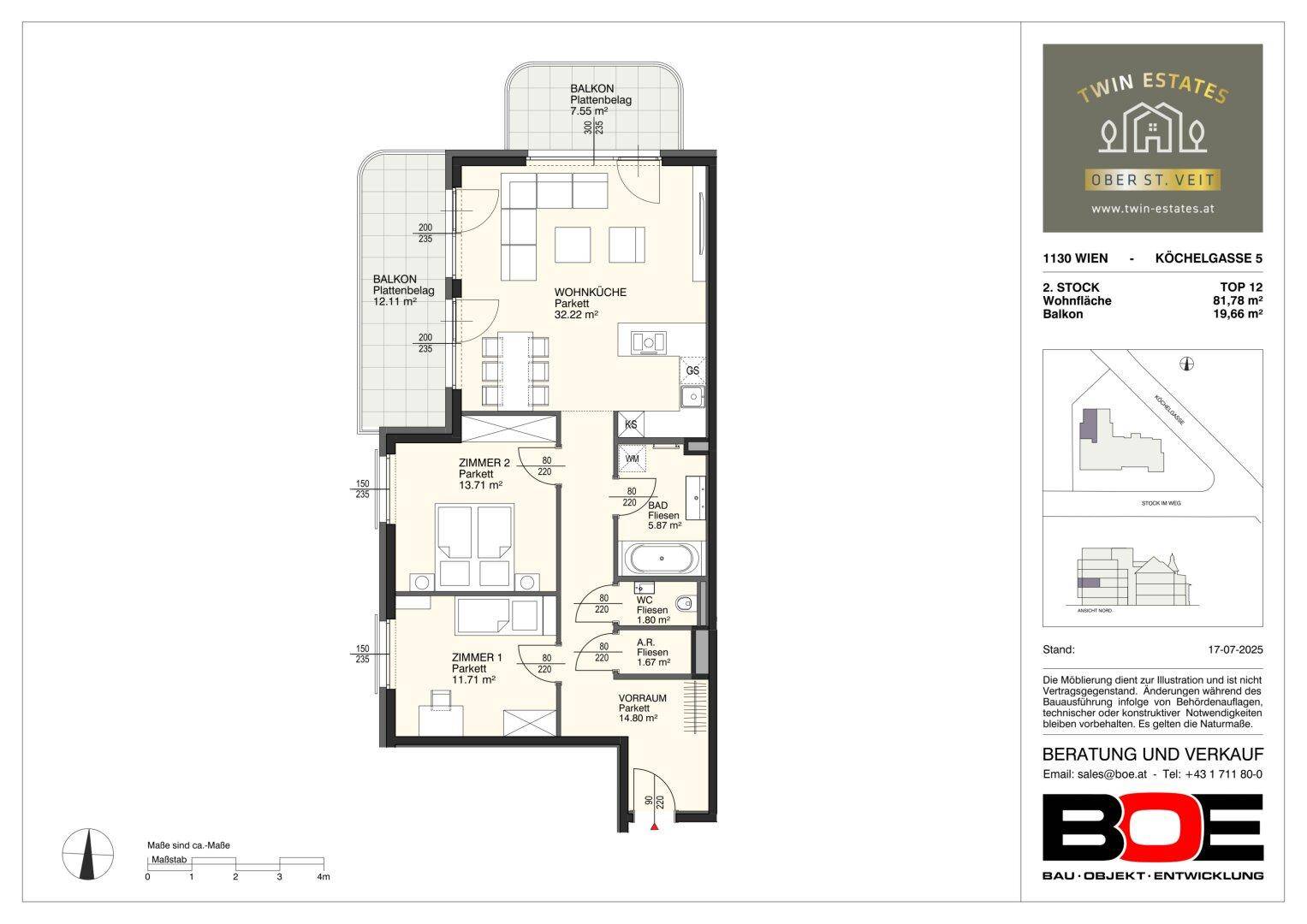 Grundriss einer Wohnung mit offenem Wohnbereich, zwei Schlafzimmern und zwei Balkonen.