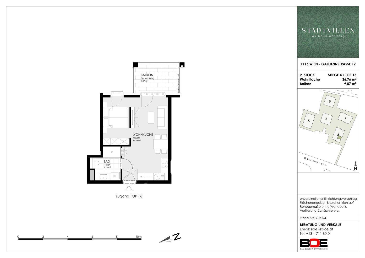 Grundriss einer Wohnung mit Wohnküche, Schlafzimmer, Bad und Balkon.
