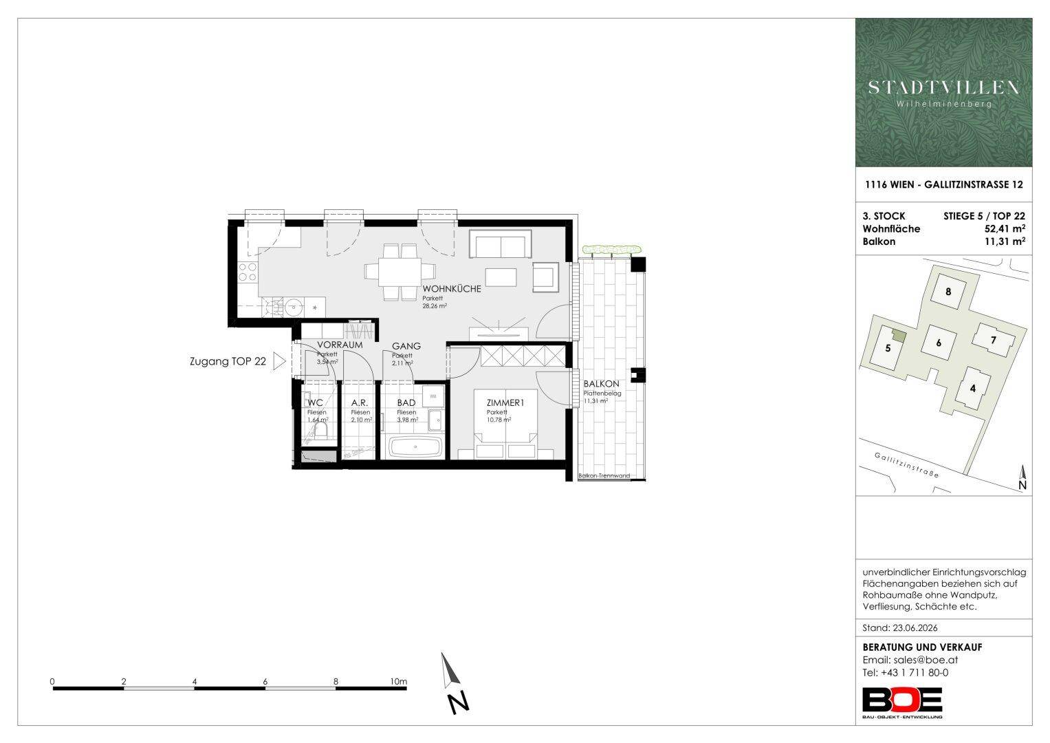 Grundriss einer Wohnung mit offener Wohnküche, Schlafzimmer, Bad und großem Balkon.