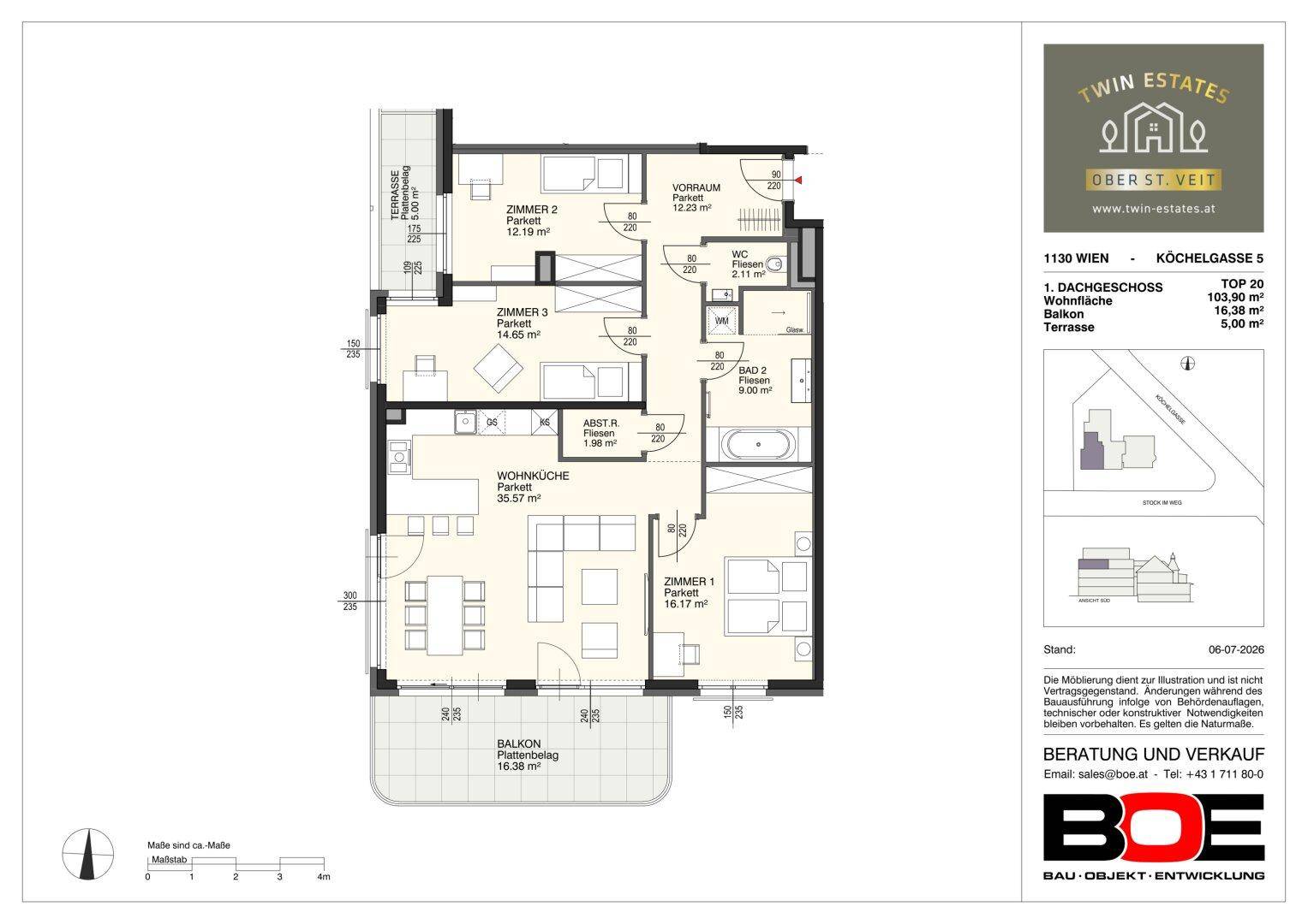 Grundriss einer Wohnung mit drei Zimmern, offener Wohnküche, zwei Bädern, Balkon und Terrasse.