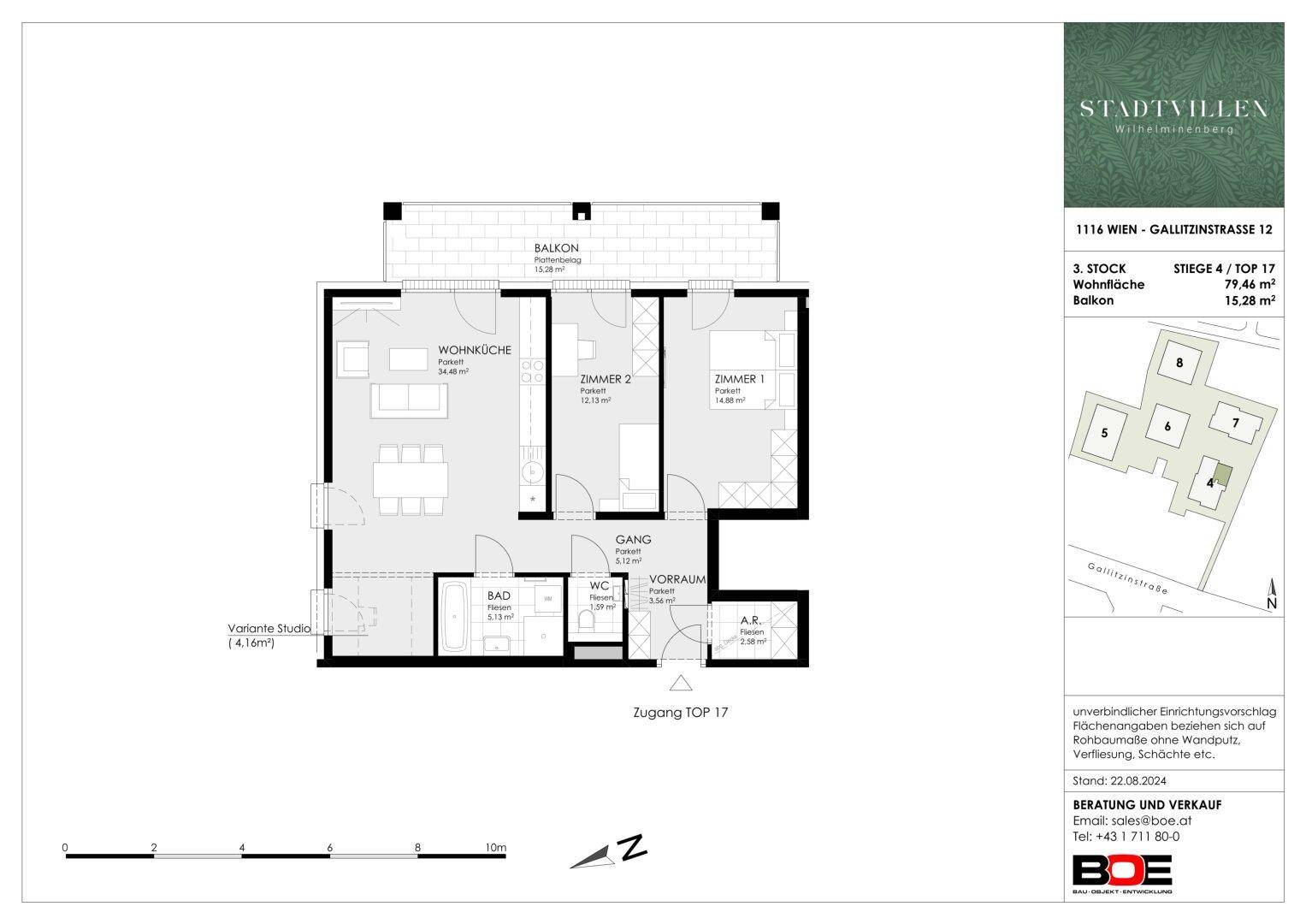 Detaillierter Grundriss einer Wohnung mit Wohnbereich, zwei Schlafzimmern, Bad, WC und Balkon.