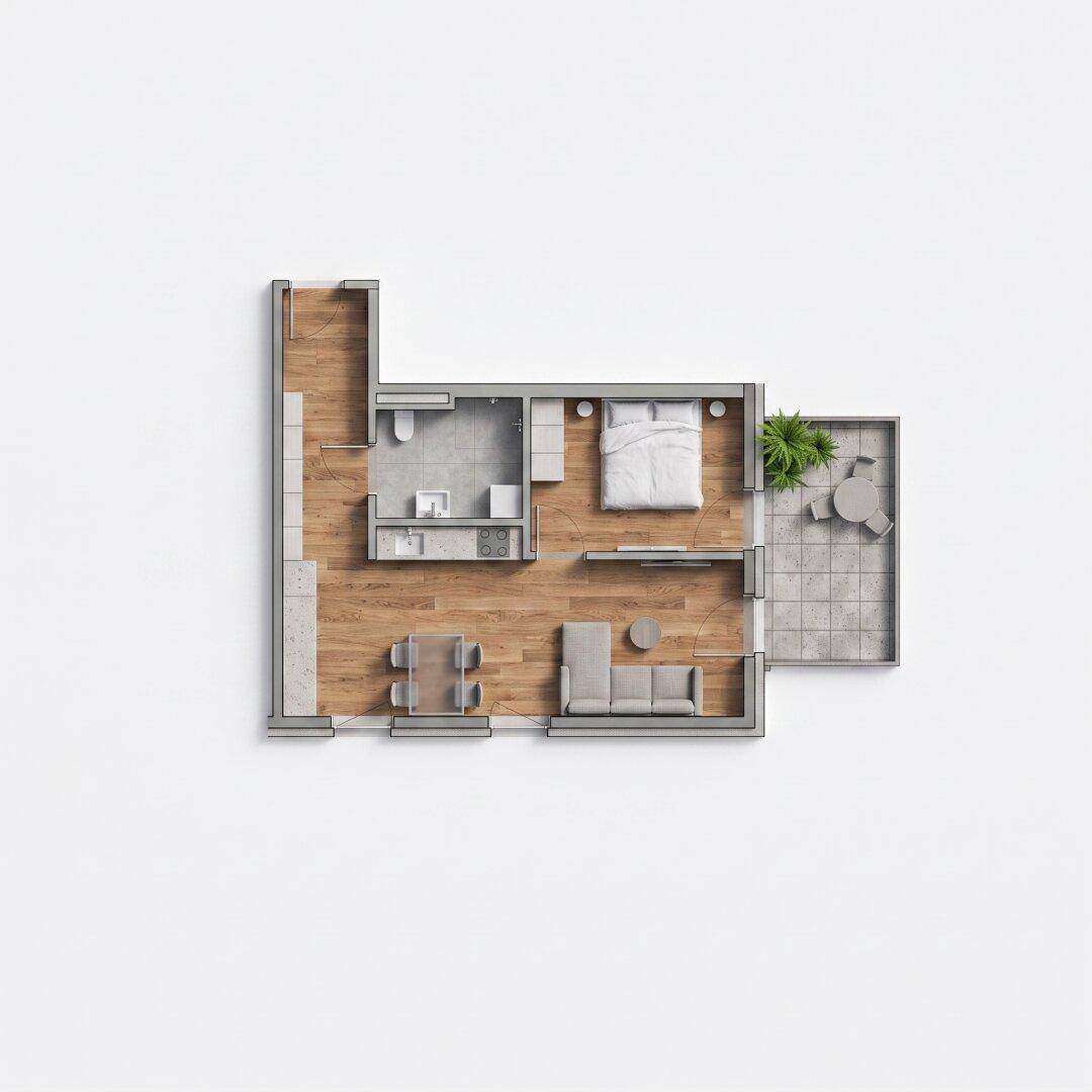 Grundriss einer modernen Wohnung mit einem Schlafzimmer, offenem Wohnbereich, Bad und Balkon.