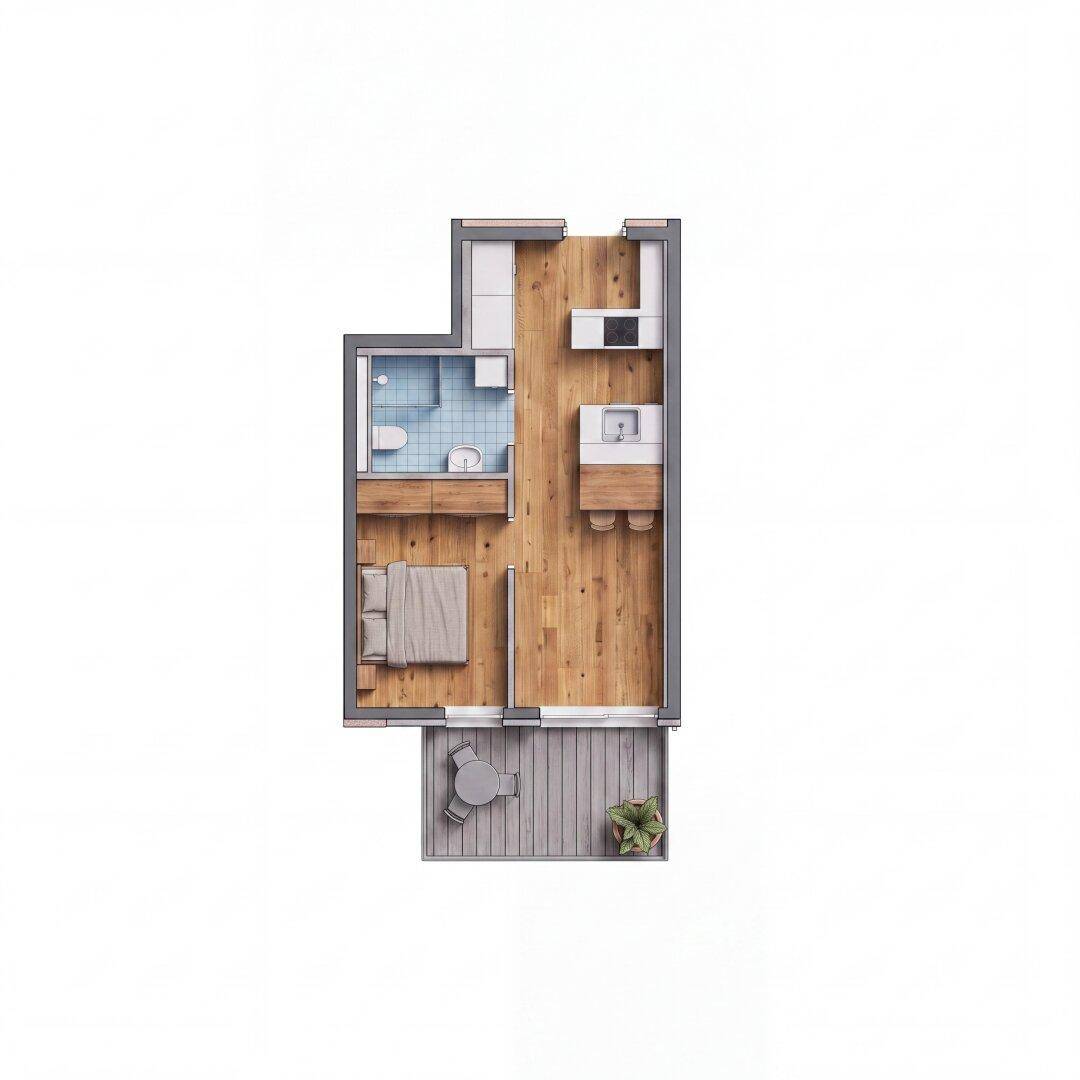 Grundriss einer kleinen Wohnung mit offenem Wohn-/Schlafbereich, integrierter Küchenzeile und Balkon.
