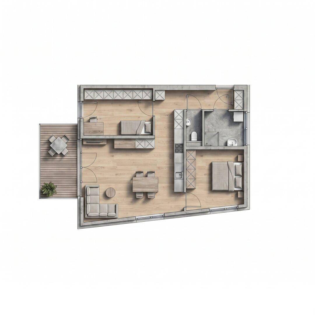 Moderner Grundriss mit offenem Wohnbereich, zwei Schlafzimmern, zwei Bädern und einer großzügigen Terrasse.