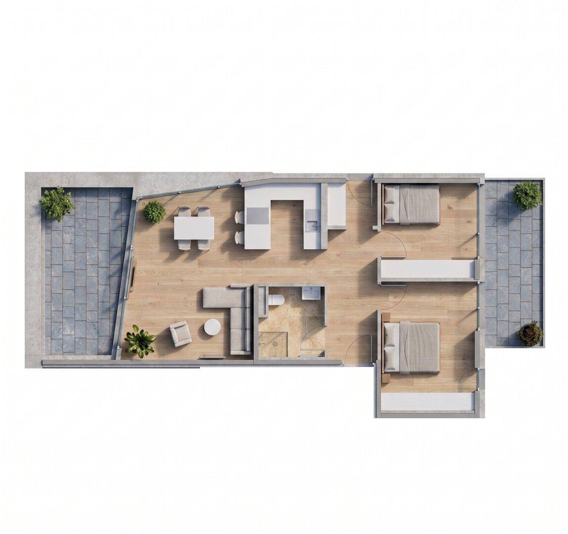 Grundriss einer modernen Wohnung mit offenem Wohn-Essbereich, integrierter Küche, zwei Schlafzimmern und zwei Terrassen.