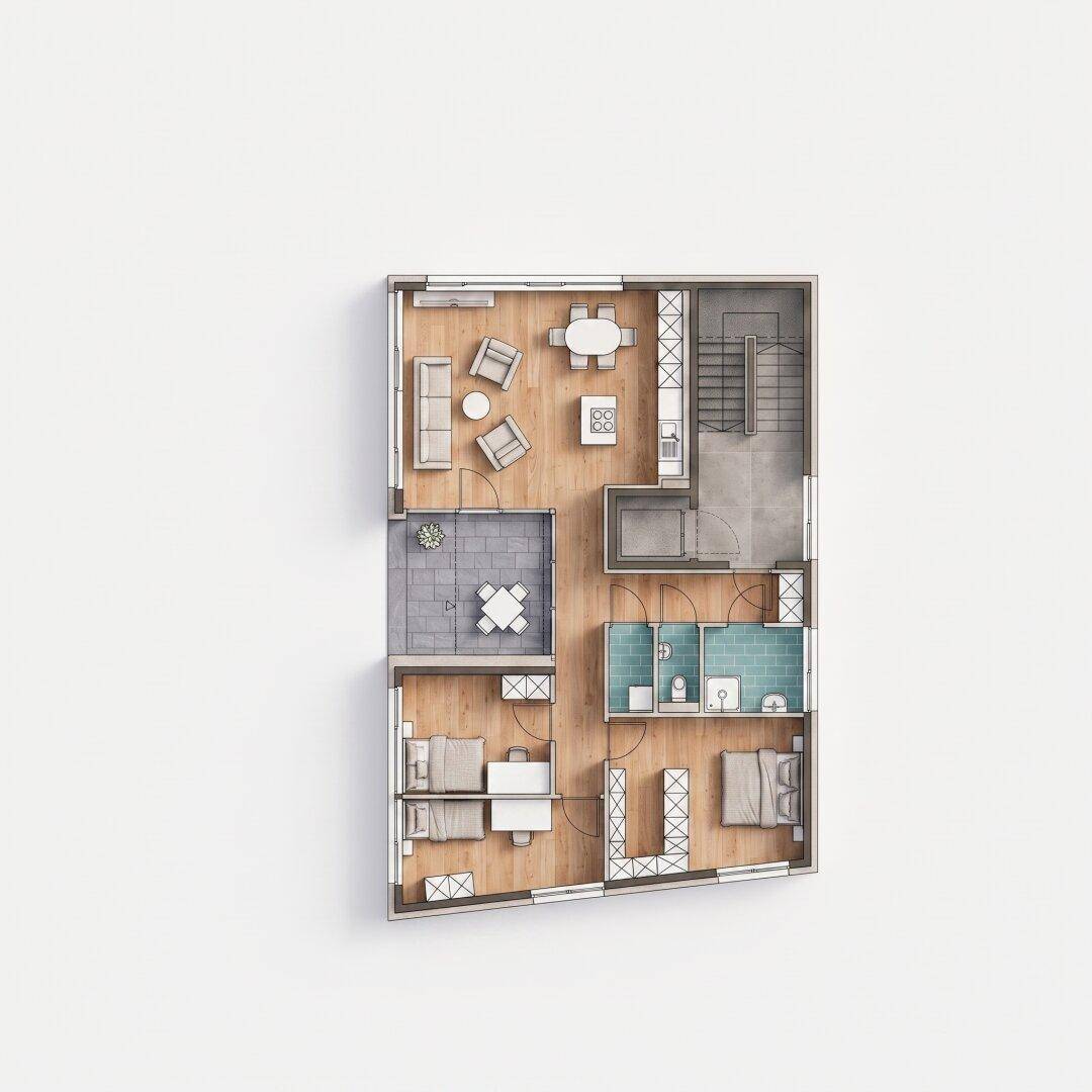 Detaillierter Grundriss einer Wohnung mit offenem Wohnbereich, zwei Schlafzimmern und zwei Bädern.