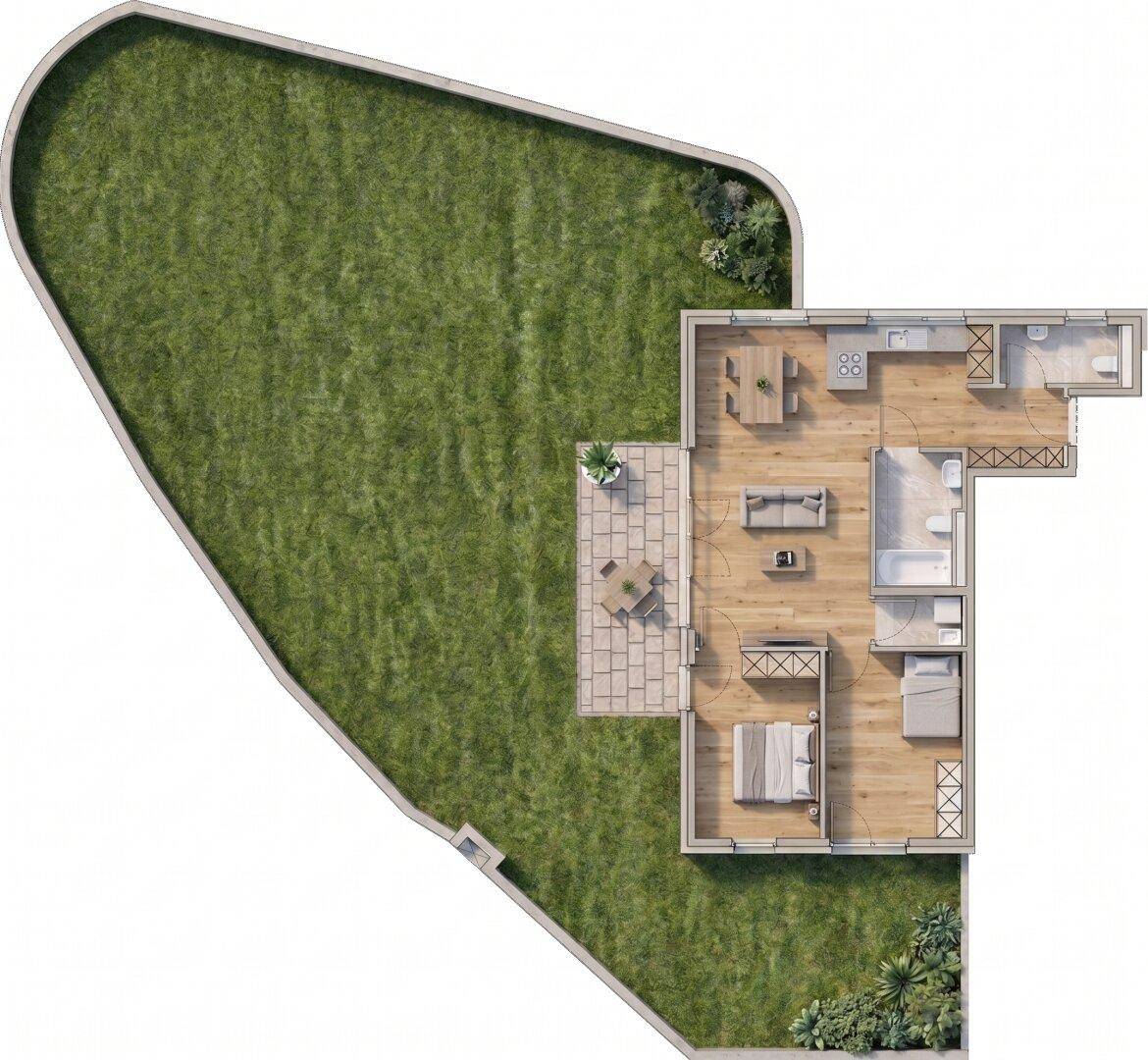 Renderter Grundriss einer Wohnung mit offenem Wohnbereich, zwei Schlafzimmern, Bad und großem Garten mit Terrasse.