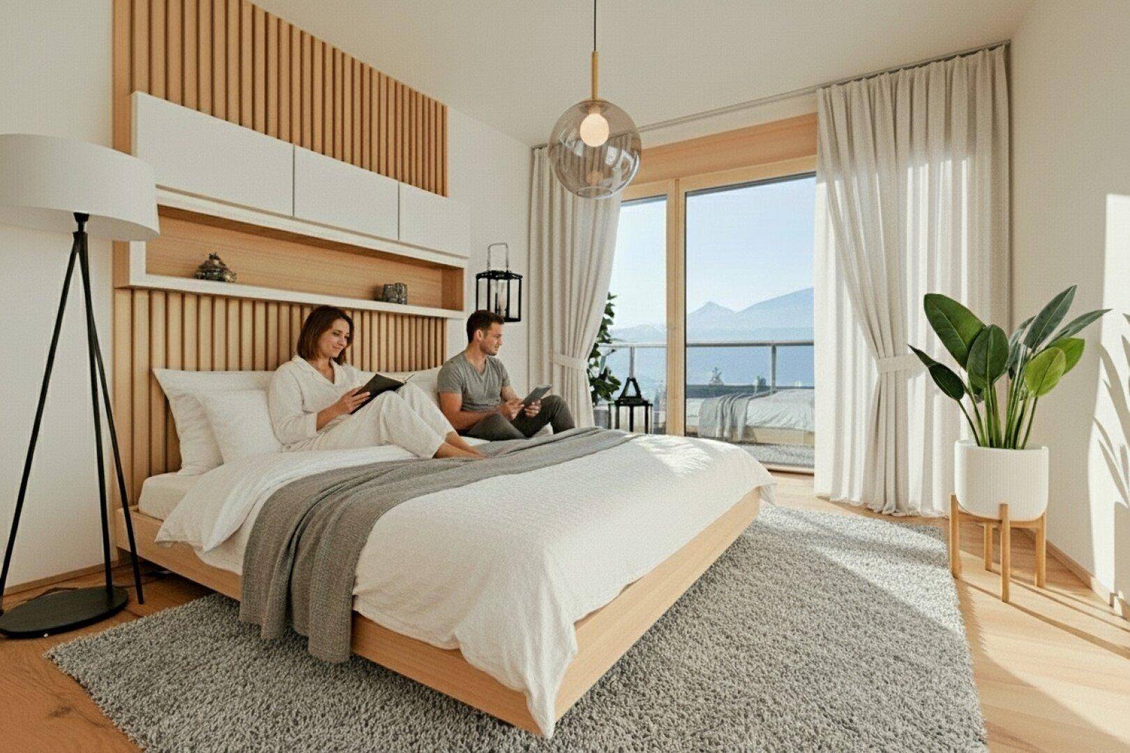Modernes Schlafzimmer mit Holzelementen, großem Fenster und Seeblick.