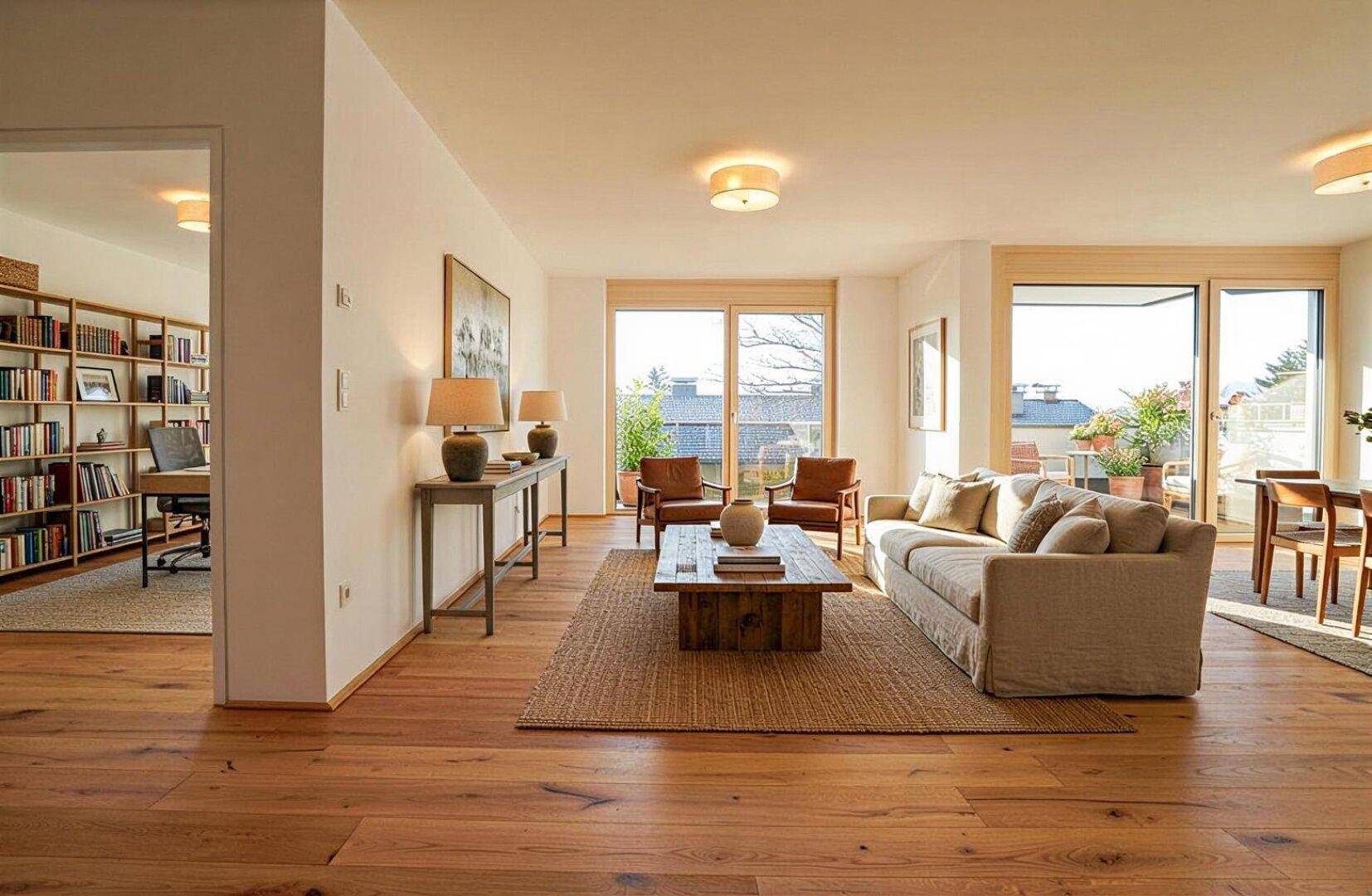 Geräumiges Wohnzimmer mit Holzboden, Zugang zur Terrasse und Blick ins Grüne.