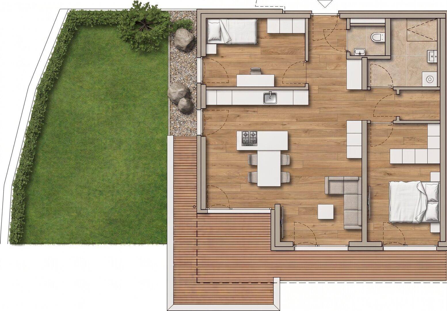 Grundriss einer Wohnung mit zwei Schlafzimmern, offener Küche und großem Gartenbereich.