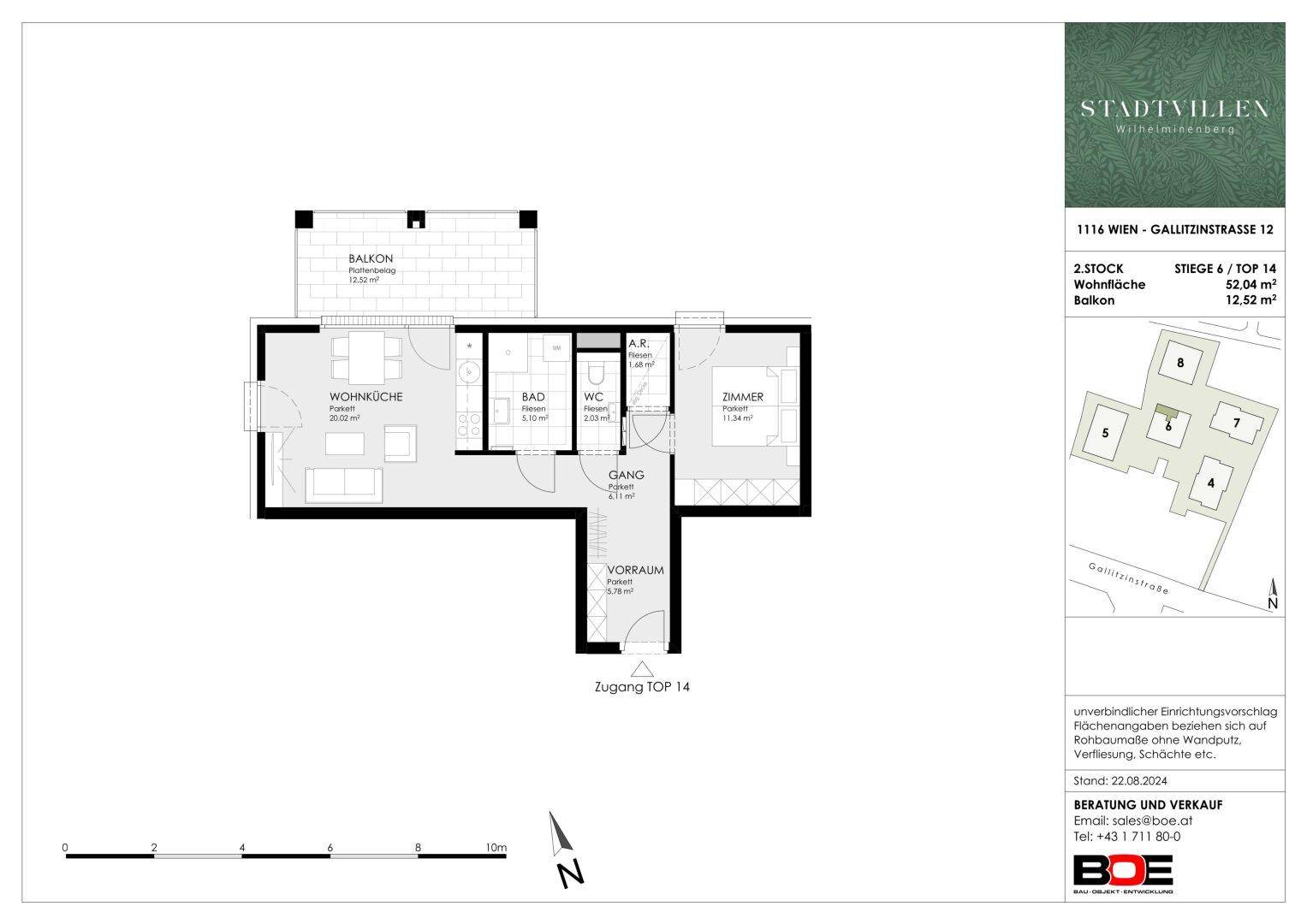 Grundriss einer Wohnung mit Wohnküche, Bad, separatem WC, Zimmer und Balkon.