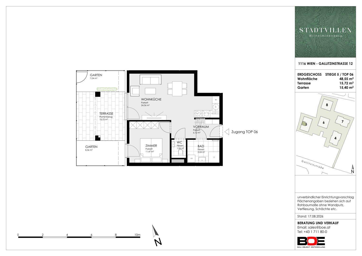 Grundriss einer Erdgeschosswohnung mit Wohnküche, Schlafzimmer, Bad, WC, Terrasse und Garten.