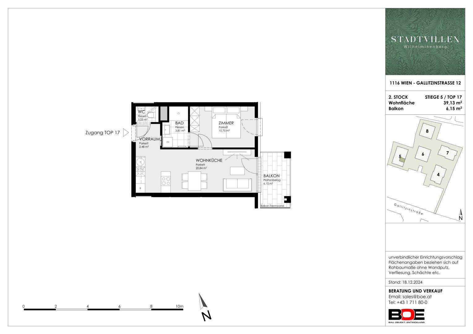Grundriss einer Wohnung mit Wohnküche, Schlafzimmer, Bad und Balkon auf 39,13 m².