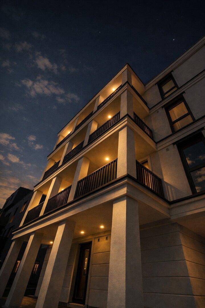 Moderne Gebäudefassade bei Nacht mit stimmungsvoller Beleuchtung der Balkone und Eingänge.