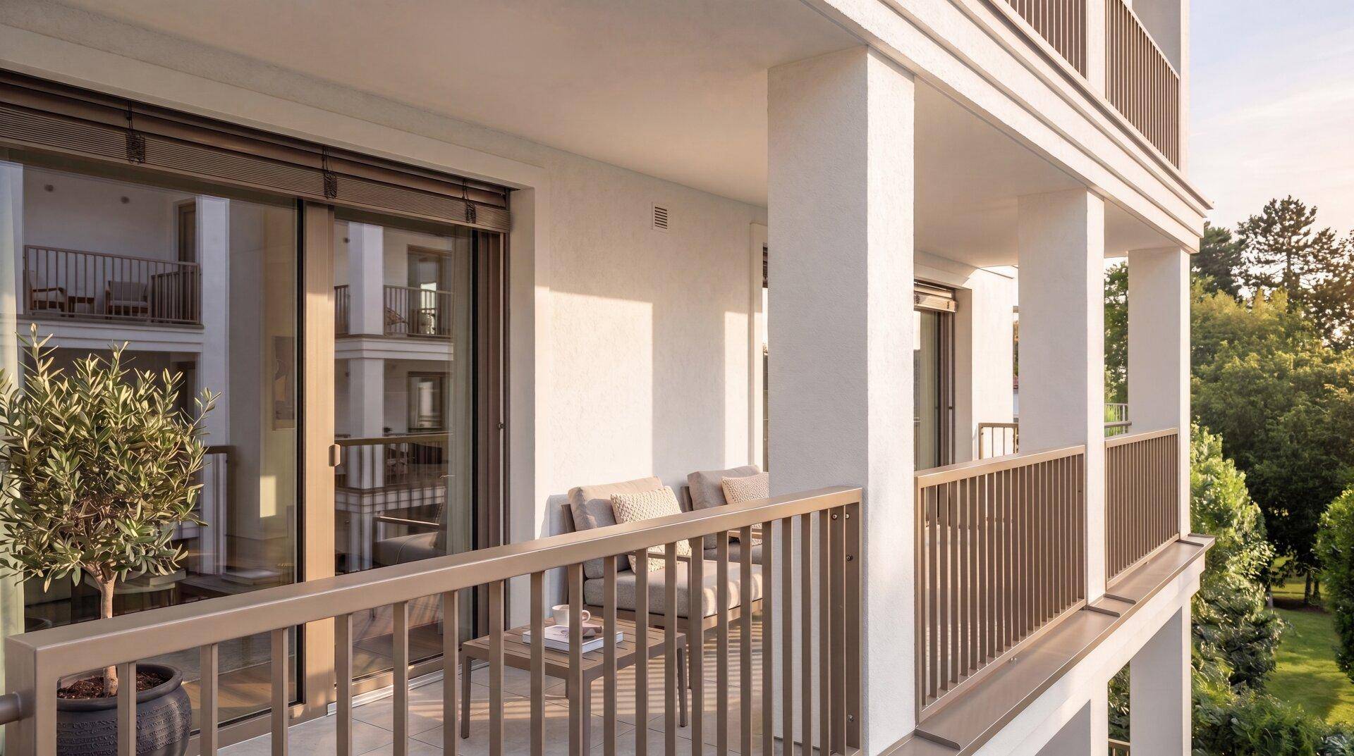 Heller Balkon mit Sitzgelegenheiten und Blick ins Grüne, ideal zum Entspannen.