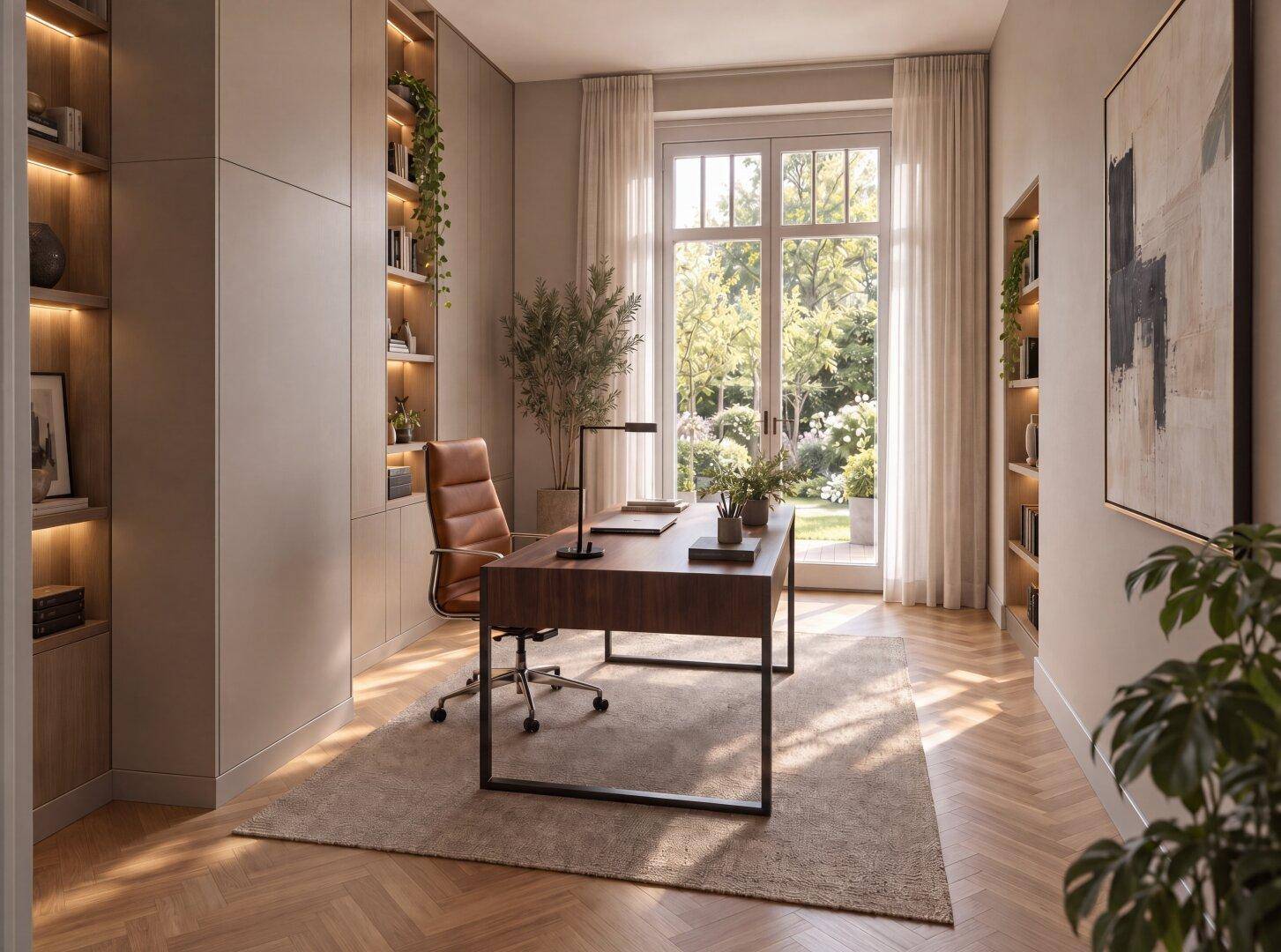 Helles Arbeitszimmer mit Holzboden, Einbauschränken und Blick ins Grüne.