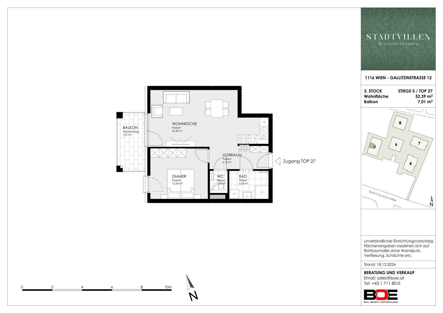 Grundriss einer Wohnung mit einem Schlafzimmer, offenem Wohnbereich und Balkon.