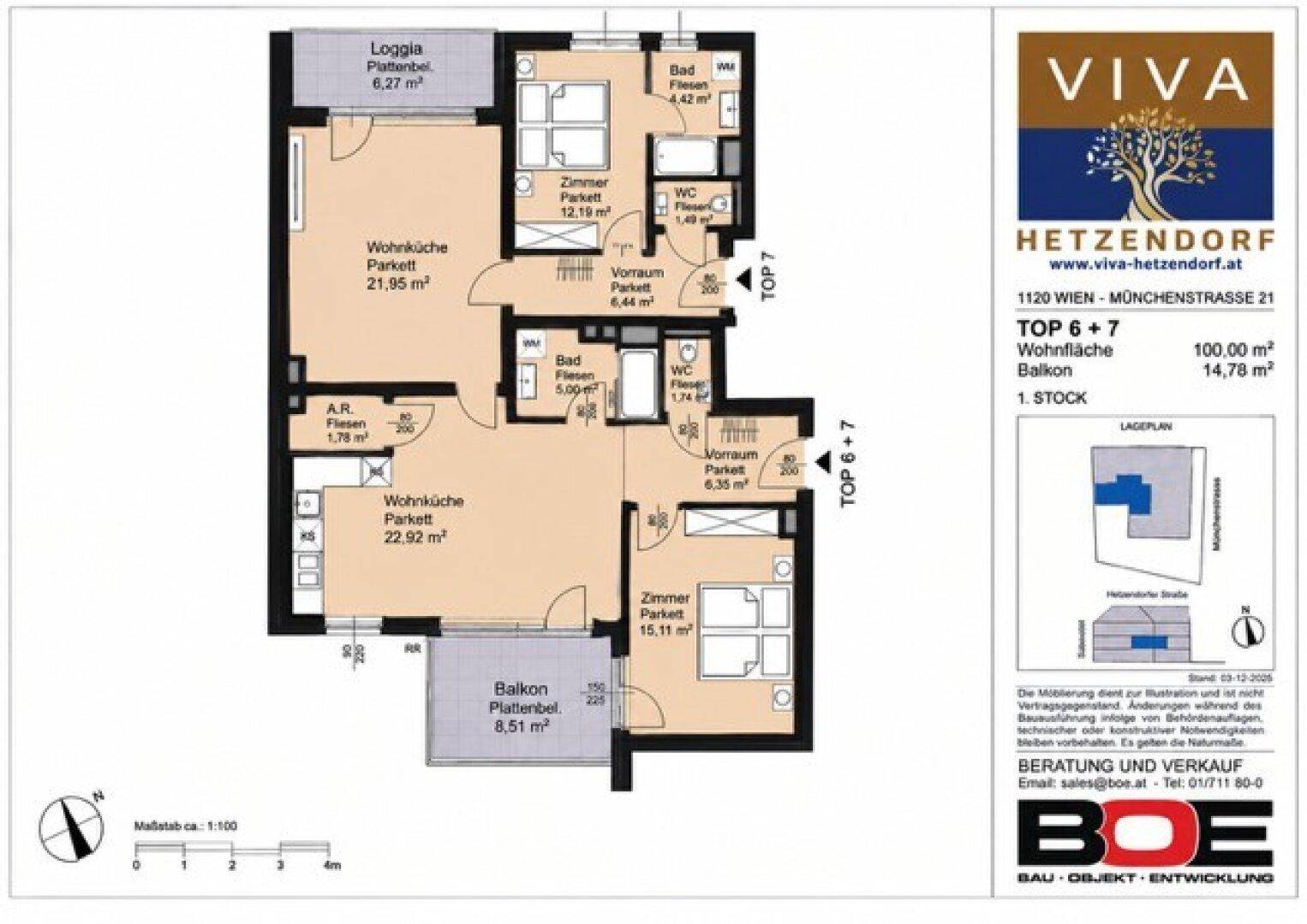 Grundriss einer Wohnung mit zwei Wohnküchen, zwei Bädern, Loggia und Balkon.