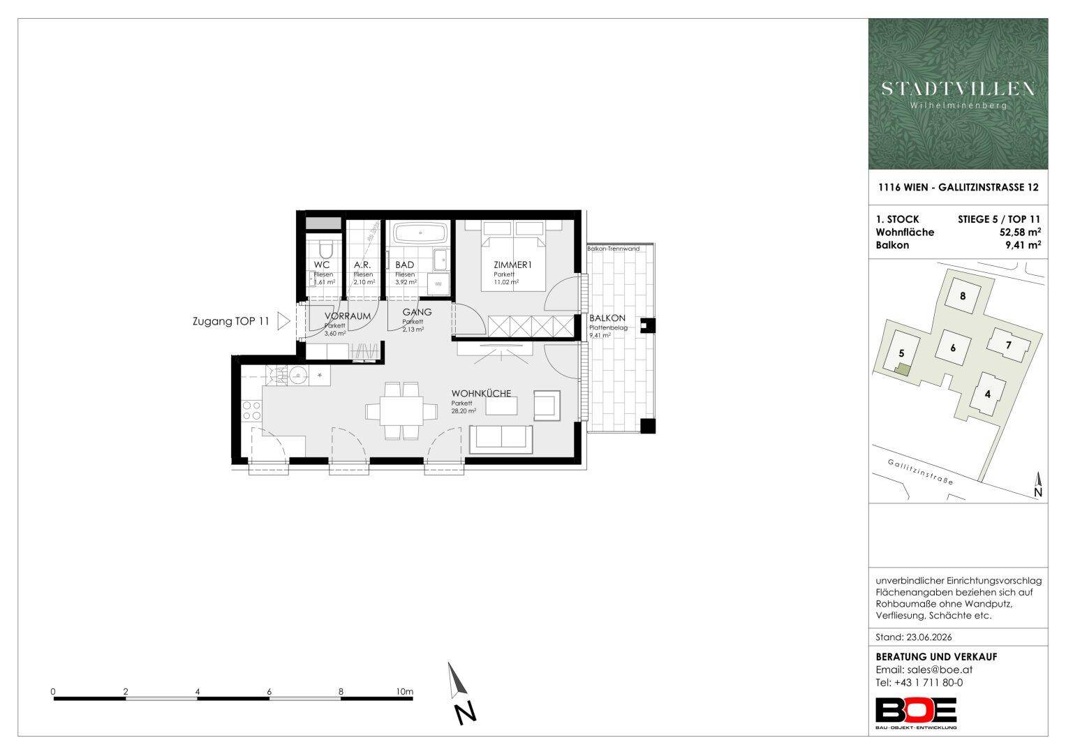 Detaillierter Grundriss einer Wohnung mit Wohnküche, Schlafzimmer und Balkon.