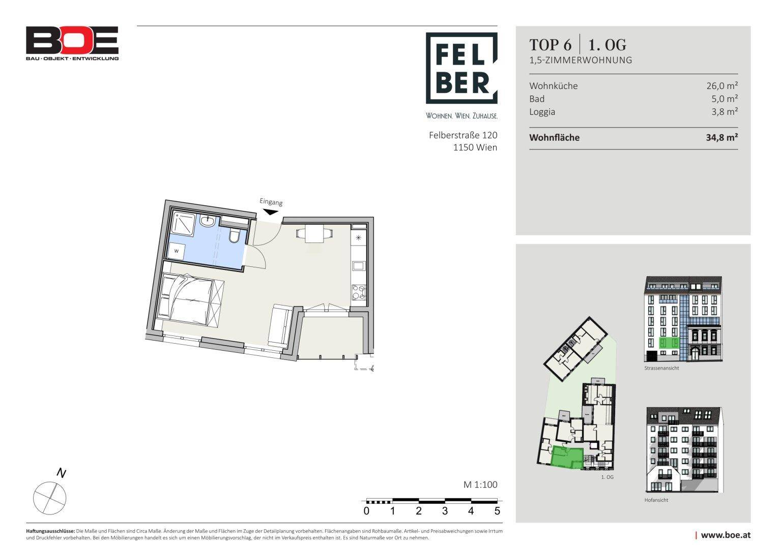Grundriss einer 1,5-Zimmer-Wohnung im ersten Obergeschoss mit Wohnküche, Bad und Loggia.