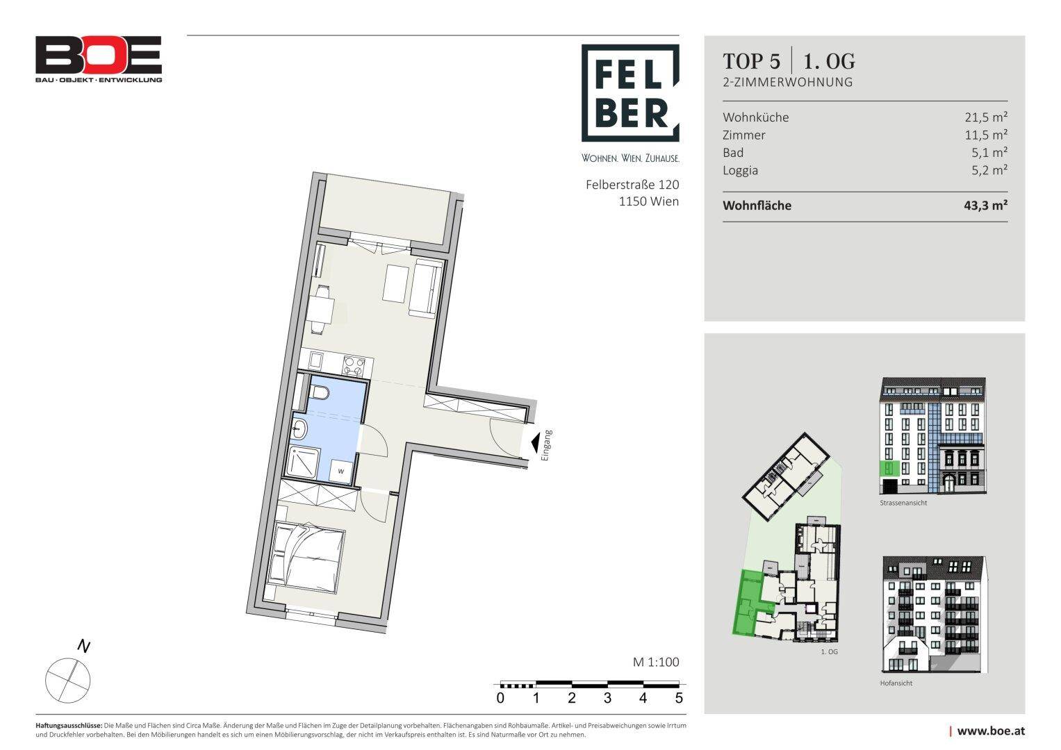 Grundriss einer 2-Zimmer-Wohnung im ersten Obergeschoss mit Loggia und offener Wohnküche.