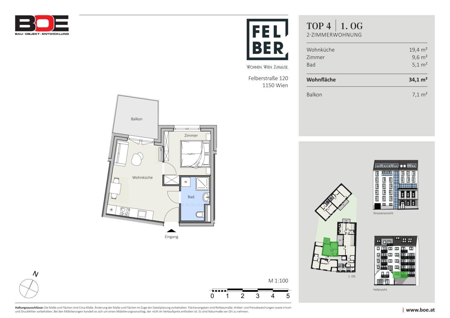 Grundriss einer 2-Zimmer-Wohnung im 1. Obergeschoss mit offener Wohnküche, Bad, separatem WC und Balkon.