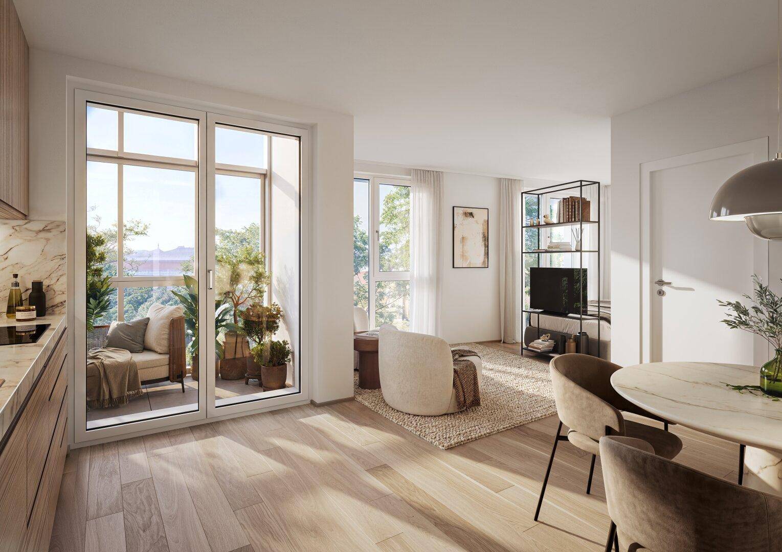 Heller, offener Wohn-Essbereich mit Holzboden, moderner Einrichtung und Zugang zu einem bepflanzten Balkon.
