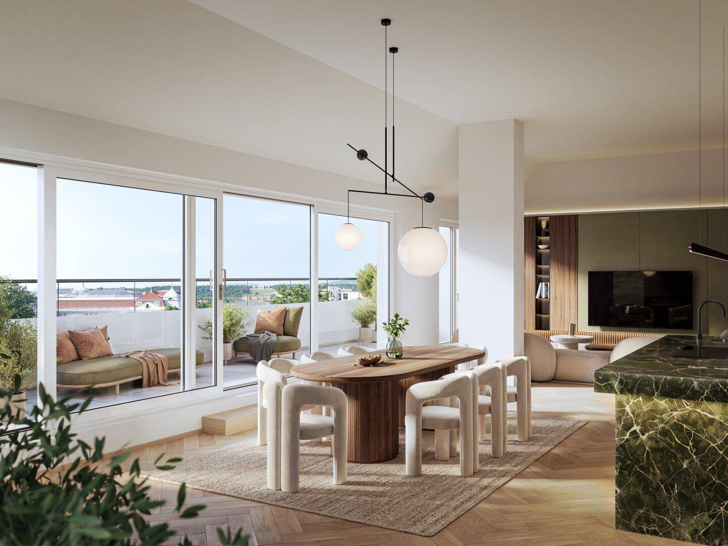 Heller Essbereich mit modernem Holztisch, Designerstühlen und Zugang zu einer großen Terrasse.