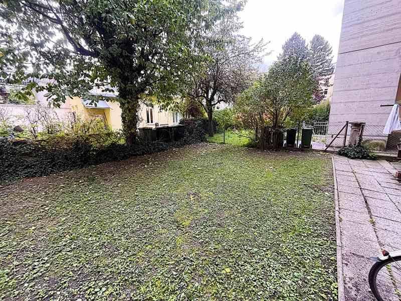 Weitläufige Rasenfläche im Garten mit altem Baumbestand und einem gepflasterten Weg, der zum Entspannen einlädt.