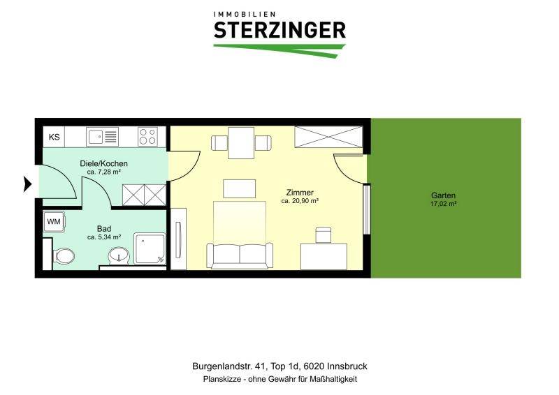 Grundriss einer kompakten Wohnung mit Diele, integrierter Küche, Bad und direktem Zugang zum Garten.