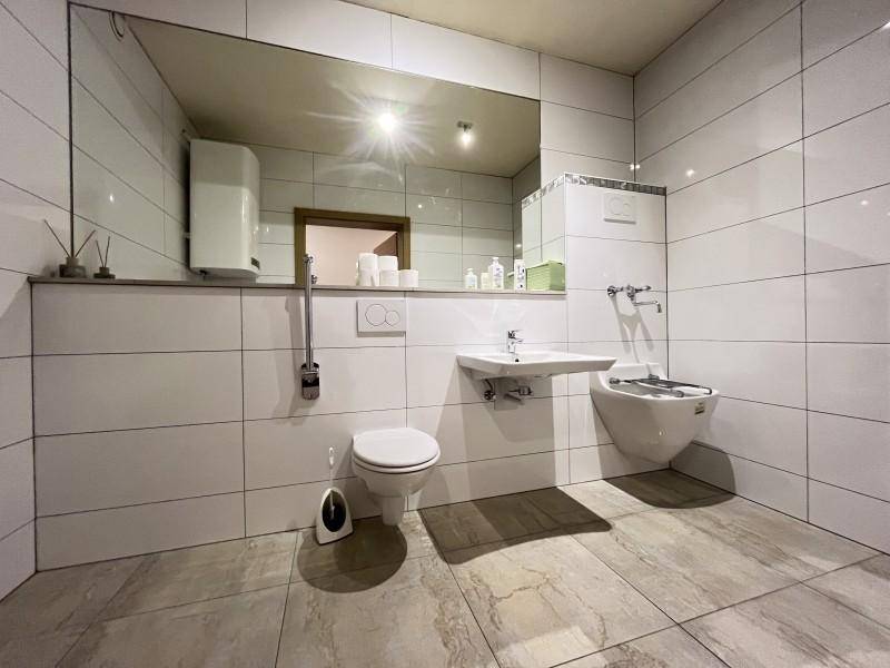 Modernes Badezimmer mit weißen Fliesen, zwei Toiletten, Waschbecken und Haltegriffen.