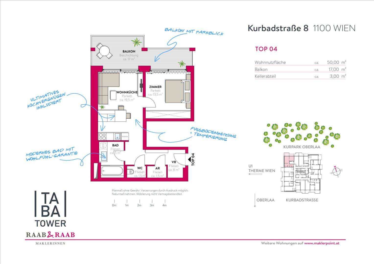 Grundriss der Wohnung Top 04 mit 50 m² Wohnfläche und 17 m² Balkon.