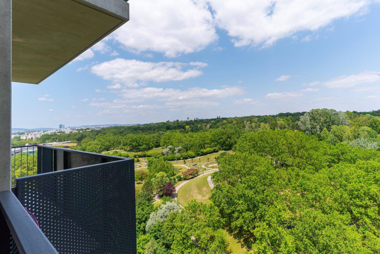 Panoramablick vom Balkon auf eine weitläufige Parklandschaft und die grüne Umgebung.