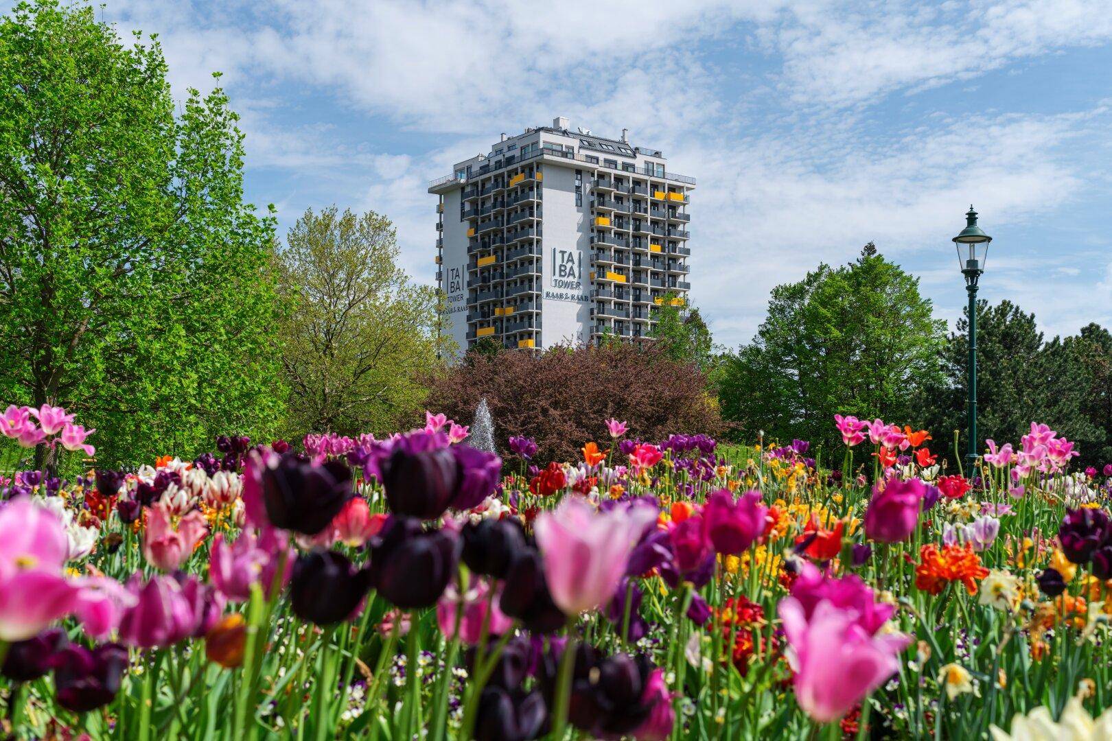 Modernes Hochhaus hinter einem farbenprächtigen Blumenfeld in voller Blüte.