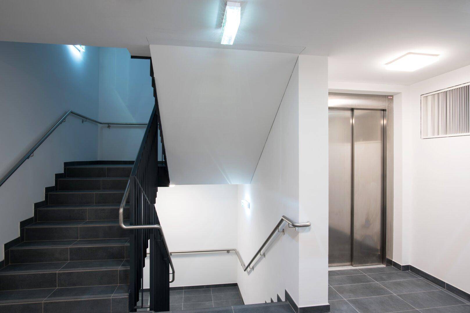Modernes Treppenhaus mit dunklen Stufen, Edelstahlgeländer und Aufzugzugang.