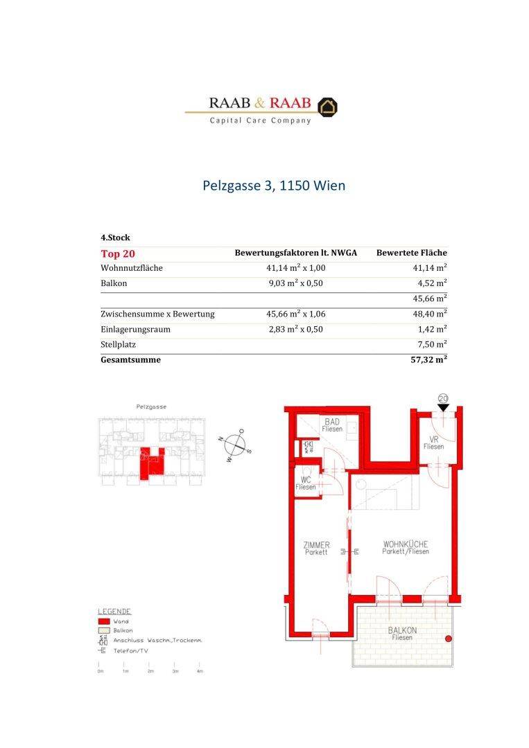 Grundrissplan einer Wohnung im 4. Stock mit Balkon und separatem WC.