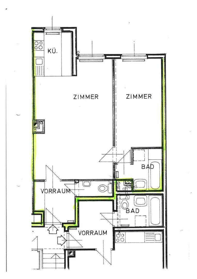 Grundriss einer Wohnung mit Küche, zwei Zimmern, Vorraum und zwei Bädern.