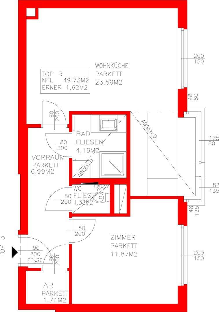Grundriss der Wohnung Top 3 mit Wohnküche, Bad, WC und einem Zimmer.