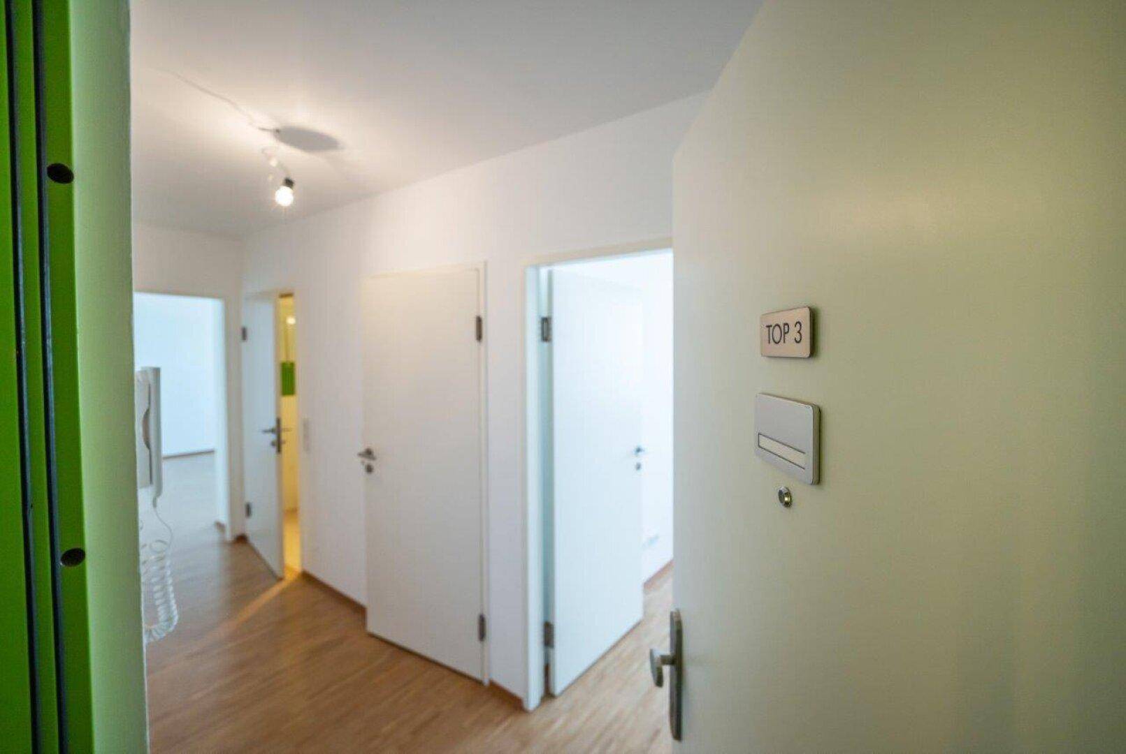 Heller Eingangsbereich mit Parkettboden und mehreren Türen zu den angrenzenden Räumen.