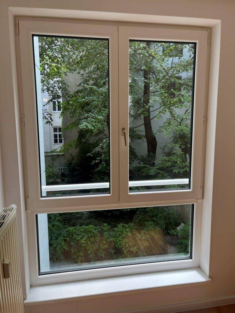 Fenster mit Blick auf einen grünen Innenhof und Bäume, das viel Tageslicht spendet.