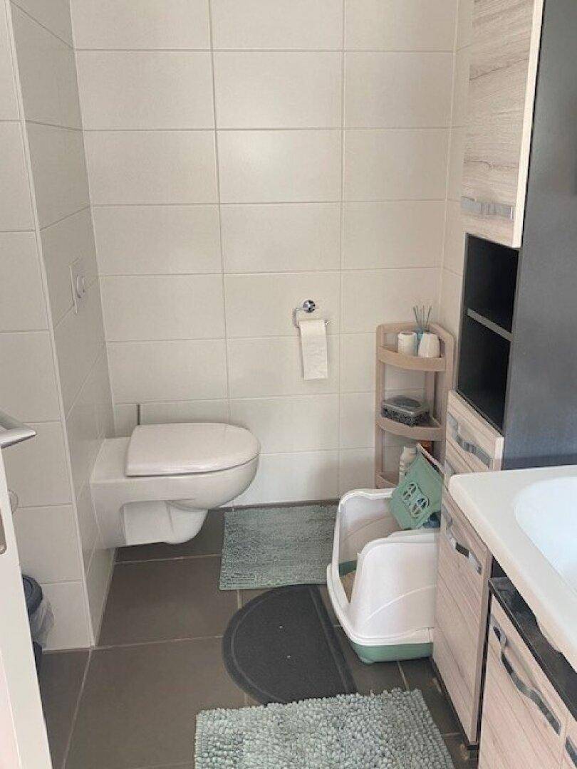 Modernes WC mit wandhängender Toilette, Waschbecken und Fliesenboden.