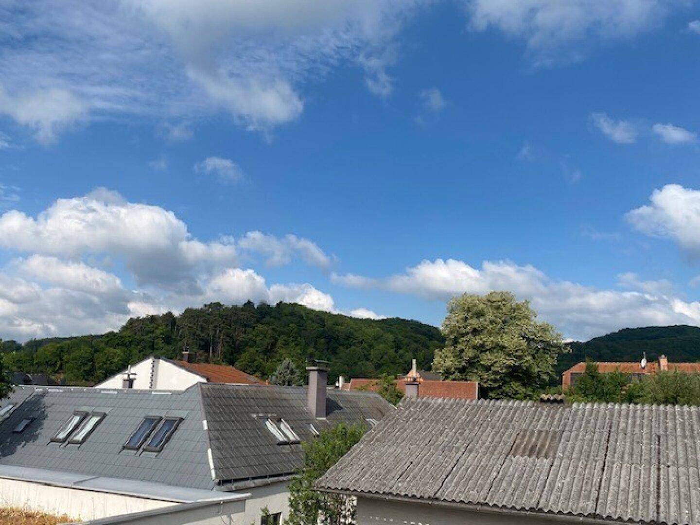 Panoramablick auf grüne Hügel und Wohnhausdächer unter einem weiten blauen Himmel.