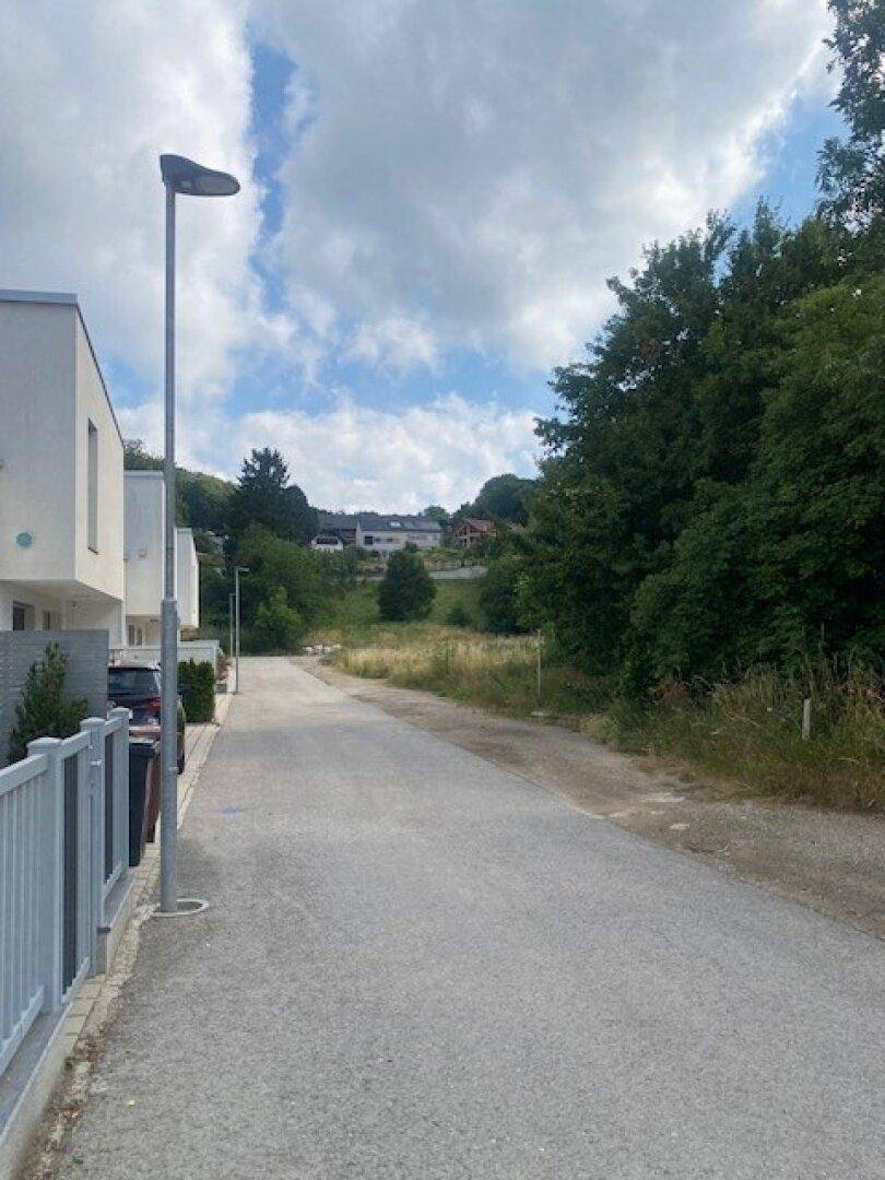 Ruhige Wohnstraße mit modernen Häusern und viel Grün in hügeliger Landschaft.