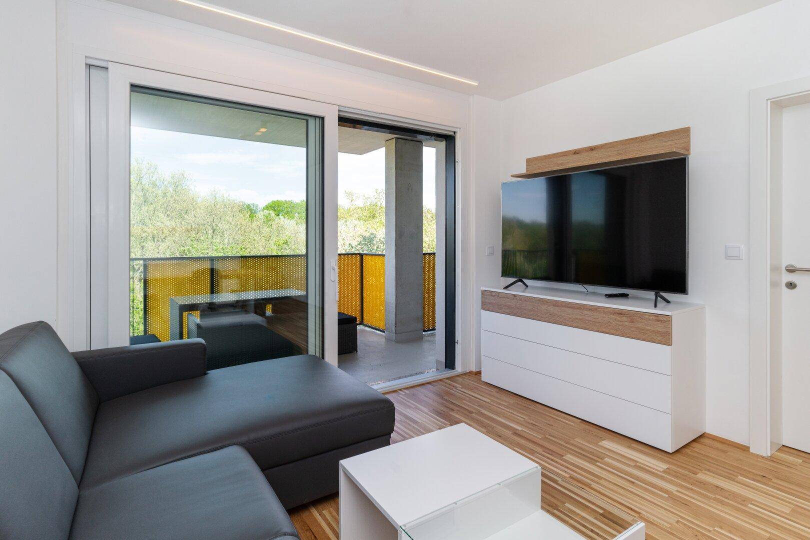 Wohnbereich mit Sofa, Fernseher und Zugang zum Balkon mit grüner Aussicht.